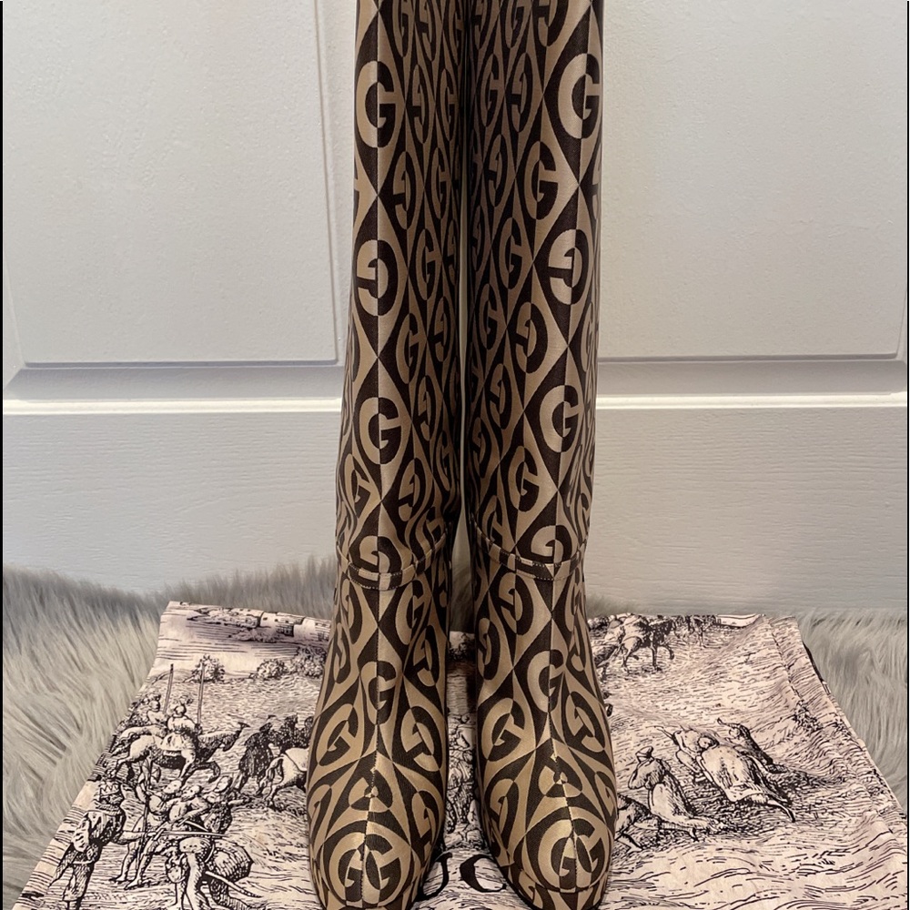 GUCCI Fabric G Rhombus Print Platform Boots Size EU37.5/ US7.5 Beige Cocoa - Picture 12 of 16